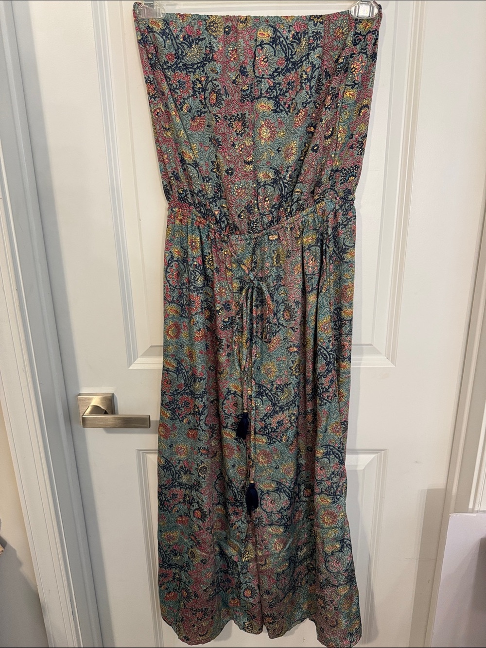 Floral Strapless Boot‑Cut Jumpsuit in Teal and Pink